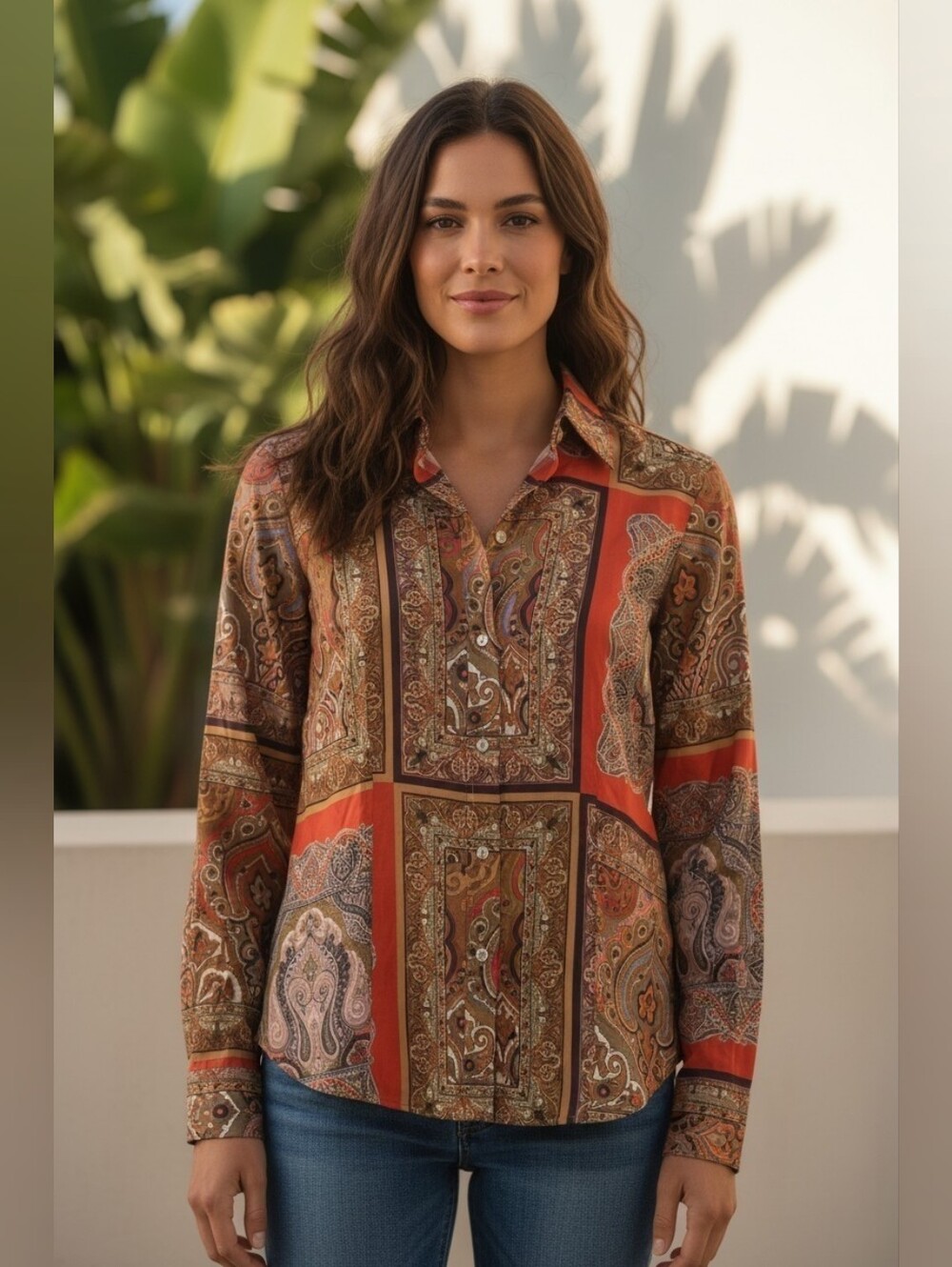 Etro Women's XS Cotton Paisley Patchwork Button Down Shirt Boho